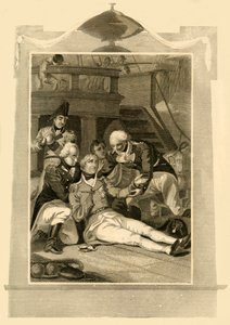 Admiral Lord Nelson mortally wounded on the Victory at the Battle of Trafalgar, 1805