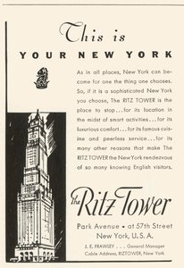 Advertisement for the Ritz Tower Hotel in New York