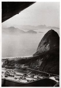 Aerial view of Sugarloaf Mountain, Rio de Janeiro, Brazil, from a Zeppelin, 1930-1933