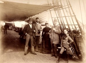 On Board the Fulda, showing D. Blottnitz, Frau Dr. Hildebrand Koch, Kirchner, and Wilh. Mallinkrodt crossing the Atlantic aboard the Steamer Fulda