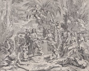 An allegory of painting, who as a child in the centre left draws on a tablet, surrounded by others, 1650-1700 by Unbekannt