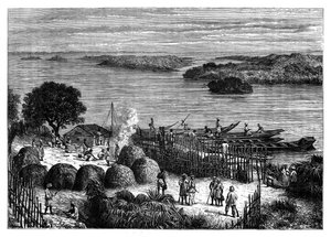 An encampment on the River Congo, Africa