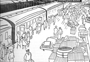 An illustration of a 1930s railway station