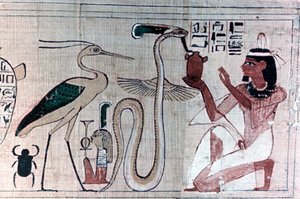 Ancient Egyptian Papyrus of Death Kneeling Before a Snake