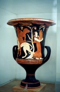 Ancient Greek vase with red figure decoration, including a female dancer by Unbekannt
