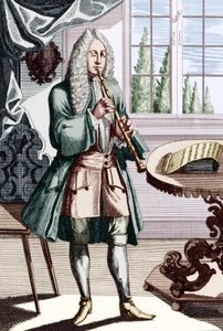 Man playing hautboy (or hautbois) which is early oboe, Engraving by J C Weigel from Musikalisches Theatrum by Unbekannt