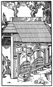 Bellows supplying draught to a smelting furnace, 1556