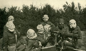 British Machine-gun Section wearing anti-gas masks, First World War