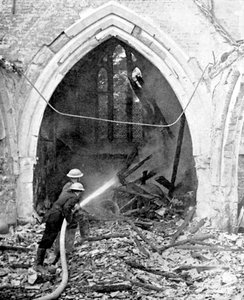 British Firefighters Damping Down a Bombed Church, World War II