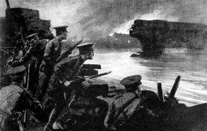 British troops on riverbank prepared for German advance, Belgium, First World War, 1914