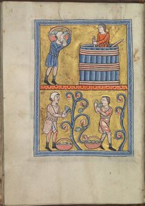Calendar, September, men picking and treading grapes - Psalter of Eleanor of Aquitaine (ca. 1185) - KB 76 F 13, folium 009v