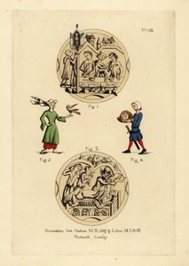 Carouse with men in cyclas admonished by a man in a legal coiff and capuchon, deathbed scene with the Devil taking the soul of a man, woman in wimple and horned hat with cointose scarf and bird, executioner of John the Baptist with his head on a plate by Unbekannt