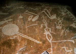 Carved Petroglyph People, deers, elks, birds, boots and circles by Unbekannt