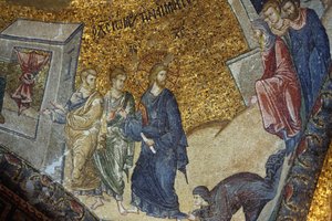 Chora Church museum: mosaic depicting the woman asking Jesus for restoration of her health Istanbul Turkey by Unbekannt