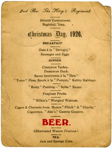 Christmas Day menu, 2nd Battalion the Kings Regiment, Iraq, 1926 by Unbekannt