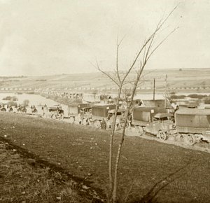 Column of trucks on the Voie Sacrée, Verdun, northern France, c1914-c1918 by Unbekannt