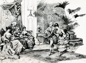 Court dance in Rococo costume. circa 1900