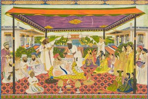 Court Scene with Panoramic Palace and Garden Background