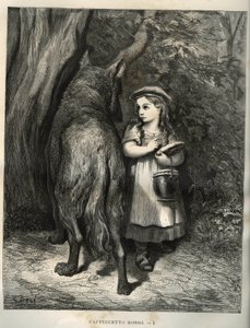 Crossing the woods, the little red riding hood meets the wolf. Engraving by Gustave Dore from 