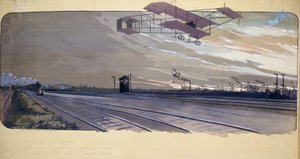 Early aviation: Louis Paulhan (1884-1963) flying over a railway track in his biplane during the 300km London/Manchester straight-line race on April 27-28, 1910
