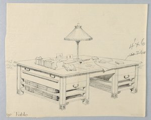Design for Massive Library Storage Table with Two Open Stretcher Shelves on Either Side, 1900–05
