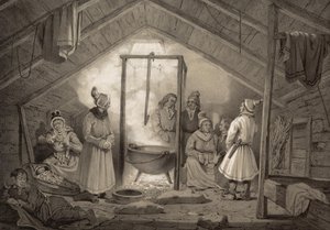 The Interior of a Peasant Hut in Finmark. Illustration from the book Norway Represented in Drawings by Asbjørnsen, P.Chr. and published by Chr. Tønsberg (1848). Sunday-dressed Sami in a hearth room. 
