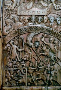 Detail of a leaf of a Byzantine ivory diptych showing men and bears at the circus by Unbekannt