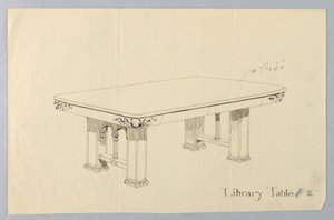 Drawing, Design for Rectangular Library Table #2 with Putti Faces Carved on Each of Rounded Corners