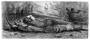 Early 19th century coal miner working a narrow seam