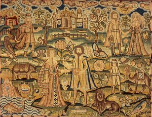 Embroidery Panel Showing People, Flowers, Insects, Fish and Animals