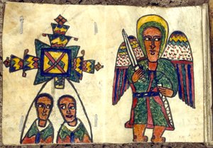 Ethiopian Prayer Book Showing an Angel with a Sword and Two Men, Possibly Priests, 19th Century by Unbekannt