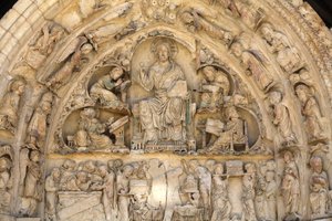 Fleury abbey basilica north gate tympanum: Christ in glory surrounded by evangelists, Saint Benoit sur Loire, France