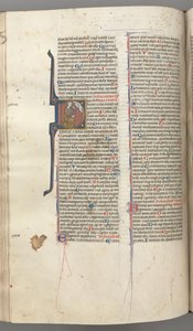 Fol. 220v, Psalm 38, Historiated Initial D, David Kneeling, Gesturing to the Bust of God Above