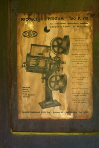 Former Hotel (Hostal Vell - la Toranesa). Interior. The Cinema Projection Room. Cinema Projector (Ossa Pergam tipo PVIII). (Detail) The Original Projector Manual. by Unbekannt