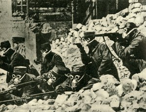 French soldiers wearing gas masks, First World War, c1915, c1920