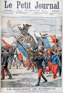 French troops parading past the monument to the battle of Waterloo