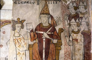 Fresco of the Ferrande Tower in Pernes-les-Fontaines (Pernes les Fontaines, Vaucluse (84)) from the 13th Century: Charles I of Anjou (1226-1285) was Invested in the Kingdom of Sicily on 28/06/1265 by Pope Clement IV (c. 1195-1268). by Unbekannt