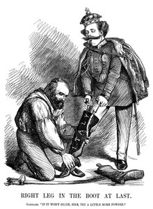 Giuseppe Garibaldi helping Victor Emmanuel II put on the boot of Italy by Unbekannt