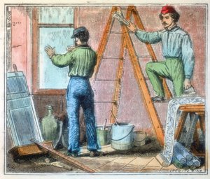 Glazier and Wallpaper Hanger Working in a House, 1867