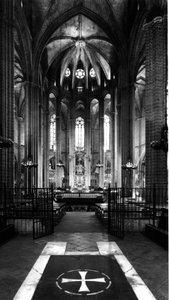 Gothic Art: View of the Choir of the Cathedral of Saint Eulalia. 1298. Barcelona, Spain