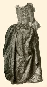 Gown of Yellow Damask Brocade Worn Over a Blue Quilted Satin Petticoat