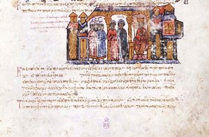 Grand Princess Olga Visiting Constantine VII (Miniature from the Madrid Skylitzes) by Unbekannt