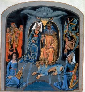 Greek gods Pluto and Persephone with Cerberus, the three-headed dog, 15th century