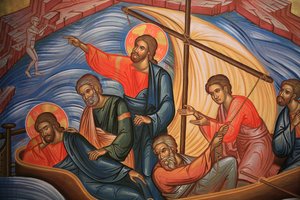 Greek orthodox icon depicting Jesus (shown twice) and his apostles on Lake Tiberias, Thessaloniki, Greece