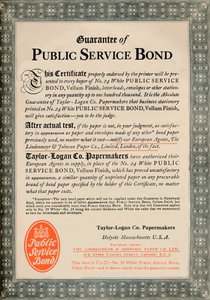 Guarantee of Public Service Bond - Taylor-Logan Co. Papermakers advert, 1919