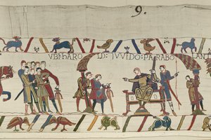 Harold and Count Guy of Ponthieu talking together at Beaurain, Bayeux Tapestry