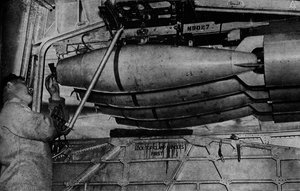 Heavy bombs in the racks of a RAF Short Sunderland flying boat, c1940-1943
