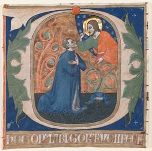 Historiated Initial O Excised from an Antiphonary: The Donor, Gorus Fucci, Kneels before Christ by Unbekannt