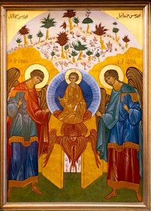 Icon in the Nazareth Melkite (Greek Catholic) Church, Galilee, Israel, Jesus Surrounded by Archangels Michael and Gabriel, 2018
