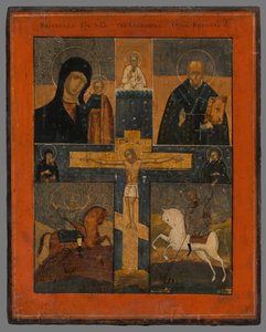 Icon - Crucifixion with Kazan Mother of God, St. Nicholas, St. George, and Demetrius
